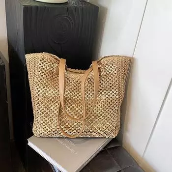 Yogodlns Летняя пляжная плетеная сумка для отдыха на природе для женщин, новая сумка через плечо для поездок на работу, полая плетеная сумка-тоут 42x11x32cm бежевый