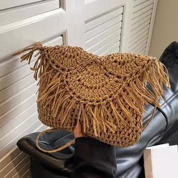 Yogodlns, летняя пляжная женская сумка с кисточками из соломенной ткани из ротанга, сумка через плечо с клапаном, женская повседневная сумка-конверт в стиле ретро 23x1x19cm бежевый