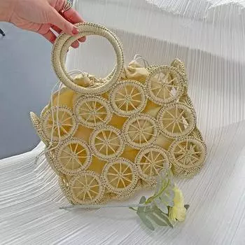 Yogodlns, летняя полая соломенная сумка, женская сумка с тканой ручкой ручной работы, пляжная сумка-лестница, вместительная сумка, повседневная женская пляжная сумка из ротанга 33x8x23cm бежевый