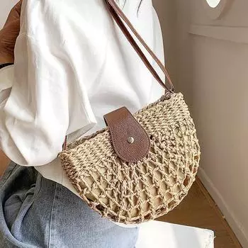 Yogodlns, летняя соломенная сумка для женщин, модные полукруглые сумки через плечо, сумка-мессенджер ручной работы из ротанга, дорожные пляжные сумки-тоут 25*7*17cm бежевый