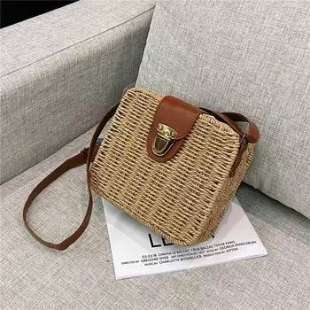 Yogodlns, летняя соломенная сумка на плечо, тканая сумка через плечо ручной работы, маленькая квадратная сумка, пляжная сумка, женская сумка для покупок, сумка на плечо для отдыха 18*7*17cm бежевый