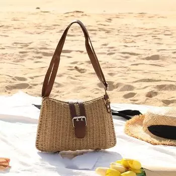 Yogodlns, летняя соломенная сумка на плечо, женская праздничная пляжная сумка из ротанга, тканая пляжная сумка ручной работы, портативная сумка-тоут 28x7x17cm бежевый