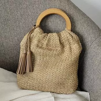 Yogodlns, летняя соломенная сумка с деревянной ручкой для женщин, тканая сумка большой вместимости, пляжные сумки для отдыха, декор с кисточками, сумка-тоут из ротанга