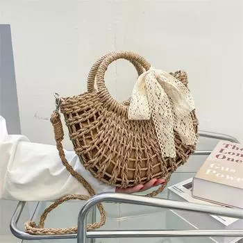 Yogodlns, летняя соломенная сумка с лентой для женщин, большая вместительная тканая сумка для отдыха, приморская пляжная сумка, повседневная корзина для покупок из ротанга 17*8*27cm