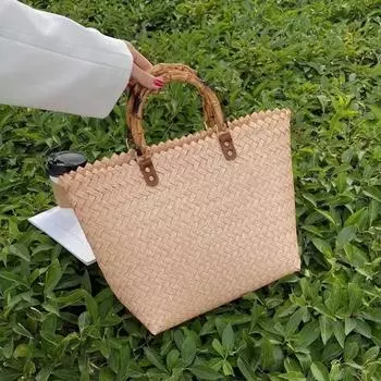 Yogodlns летняя соломенная сумка женская большая вместительная пляжная сумка плетеная сумка с ручкой ручной работы модная большая сумка для отдыха большая сумка 27x12x29cm бежевый