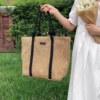 Yogodlns летняя соломенная женская большая вместительная пляжная сумка ручной работы на плечо для путешествий и отдыха, повседневная сумка-тоут 46x15x36cm хаки