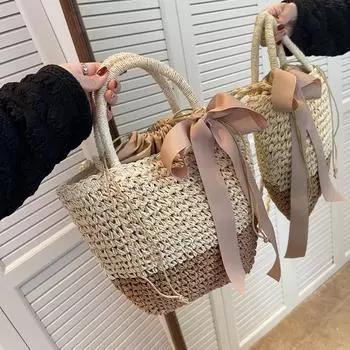 Yogodlns летняя соломенная женская сумка через плечо с бантом и декором, большая вместительная пляжная тканая сумка через плечо 18x2x25cm кофейный