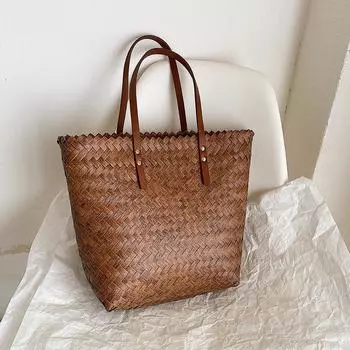 Yogodlns, летняя тканая соломенная сумка-тоут, повседневная большая вместительная пляжная сумка из ротанга, праздничная сумка на плечо ручной работы, дорожная сумка-шоппер 25*13*30cm коричневый