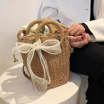 Yogodlns, летняя женская сумка через плечо с белой лентой из ротанга, сумка через плечо ручной работы с тканой соломенной ручкой 16x8x20cm хаки