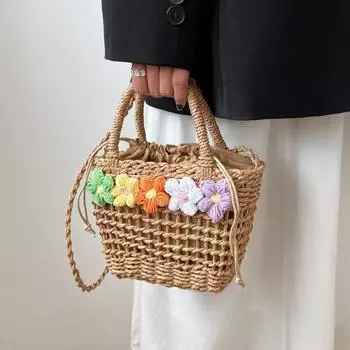 Yogodlns Лидер продаж, новая соломенная женская сумка, летняя модная тканая сумка с цветочным узором, бумажная веревка, полая повседневная сумка на плечо 20x8x15cm бежевый