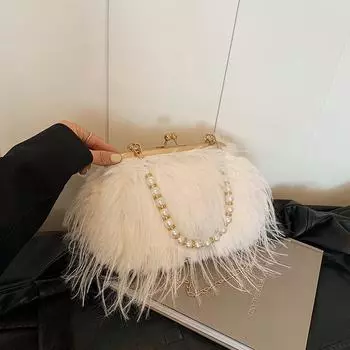 Yogodlns Luxury Faux Fur Evening Bag Fluffy Solid Color Shoulder Bag Large Capacity Pearl Handle Clutch Crossbody Bag For Women 20x9x15cm