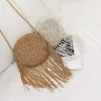 Yogodlns модная круглая женская сумка ручной работы на плечо, летние путешествия, покупки, соломенные пляжные сумки, женская маленькая сумка-мессенджер с кисточками 19*3*19cm хаки