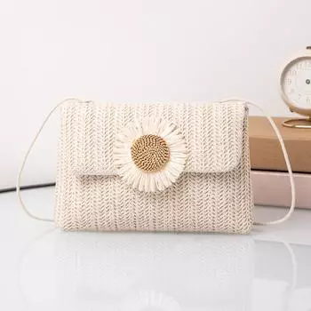 Yogodlns Модная сумка через плечо из ротанга, большая вместимость, сумки ручной работы с клапаном, богемная сумка через плечо для женщин 21x4x14cm бежевый