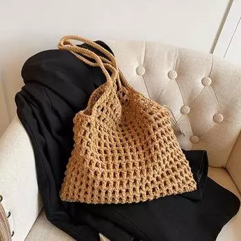 Yogodlns модная вязаная большая сумка для женщин, летняя пляжная сумка, большая вместительная полые вязаные сумки, богемная тканая сумка на плечо 30x1x27cm бежевый