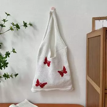 Yogodlns Модная вязаная большая вместительная сумка через плечо женская повседневная ручная работа пляжная сетка полые бабочки тканая сумка-тоут женская клатч 36x33cm бежевый