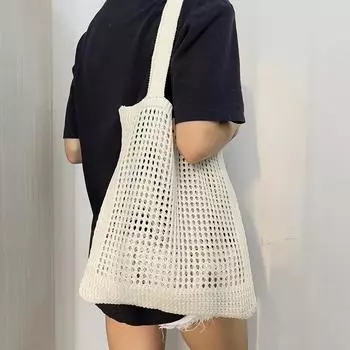 Yogodlns Модная женская полая вязаная пляжная сумка на плечо Простая вязаная крючком сумка-тоут Дизайнерские сумки с ручками сверху 34x32cm бежевый