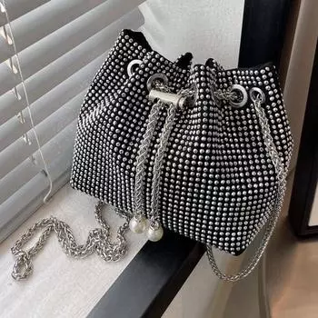 Yogodlns модная женская сумка на плечо со стразами и шнурком, роскошная сумка через плечо с ковшом 15.5x9.5x15.5cm чёрный