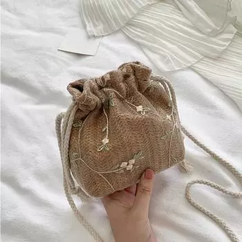 Yogodlns модные маленькие сумки на плечо женские соломенные сумки-ведра на шнурке с цветочной вышивкой пляжные сумки летние женские сумки через плечо