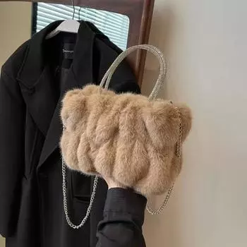 Yogodlns Модные плюшевые сумки с верхней ручкой Женские сумки через плечо Однотонные универсальные сумки с цепочкой Мягкие простые сумки через плечо 23x9x18cm чёрный