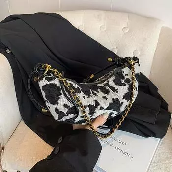 Yogodlns Niche Универсальная сумка с рисунком коровы Женская новая модная тенденция Сращивание роговая сумка Простая холщовая сумка-мессенджер 27x6x13cm чёрный