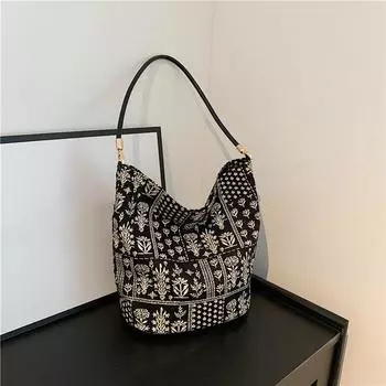 Yogodlns Новая большая вместительная модная сумка-тоут из цветочной ткани, нишевый дизайн и универсальная сумка через плечо, сумки через плечо для женщин 31x16x25cm чёрный