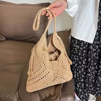 Yogodlns, новая летняя однотонная полая тканая сумка ручной работы из хлопчатобумажной веревки, сумка на плечо для пляжного отдыха, большая вместительная сумка для женщин 36x2x22cm хаки