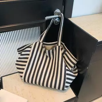 Yogodlns новая мода холст в полоску ретро-арт верхняя ручка сумка-шопер летняя сумка для отдыха большая вместительная универсальная сумка на плечо 31x24x32.5cm чёрный