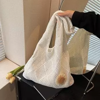 Yogodlns Новая трендовая женская вязаная крючком сумка с цветочным декором, ретро-вязаная однотонная сумка-тоут с полой ручкой сверху, дорожная сумка-шоппер через плечо 37x2x29cm кофейный