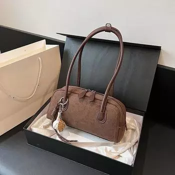 Yogodlns Новая замшевая сумка на плечо для женщин с несколькими карманами, сумка подмышкой, искусственная замша, однотонная сумка на молнии для работы и шопинга 30x9x14cm коричневый