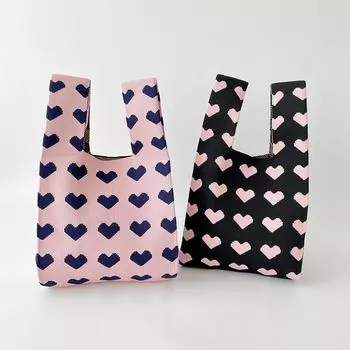 Yogodlns новые вязаные сумки с сердечками, женская сумка на запястье ручной работы с узлом, повседневная маленькая сумка-тоут для девочек, многоразовые сумки для покупок 19.5x1.5x35cm розовый