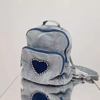 Yogodlns Новый дизайнерский светло-голубой джинсовый рюкзак со стразами, маленький рюкзак в стиле ретро для отдыха в стиле колледжа, сумка через плечо для женщин