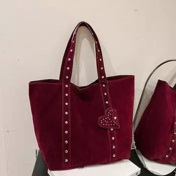 Yogodlns Nubuck Leather Tote Bags Lady Shoulder Bag for Women Winter New Fashion Retro Rivent Handbags and Purses 33x14x32cm чёрный