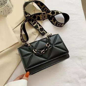 Yogodlns, однотонная сумка на плечо, широкий ремень, сумки, женские дорожные сумки-мессенджеры с акриловой цепочкой, клетчатые сумки через плечо из искусственной кожи 20x7x12cm чёрный