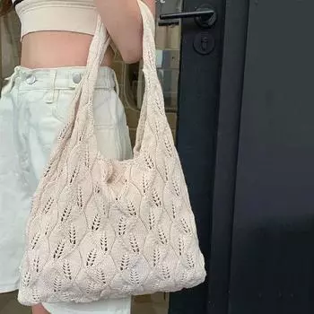 Yogodlns, однотонная вязаная крючком сумка ручной вязки, шерстяные сумки на плечо высокой вместительности, дорожная летняя сумка-шоппер для путешествий, отдыха, летняя сумка-шоппер для женщин 35x34cm бежевый