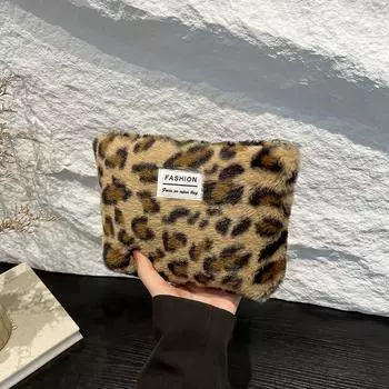 Yogodlns плюшевая ретро-косметичка с леопардовым принтом, несессер, женская дорожная косметичка, футляры для хранения косметики, органайзер для макияжа, клатч 18x4x13.5cm кофейный