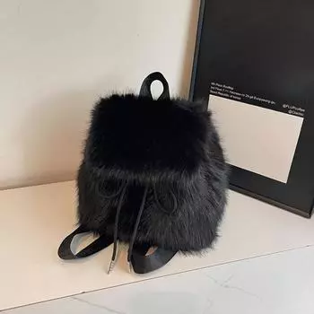 Yogodlns Плюшевый рюкзак женский маленький милый на шнурке пушистая сумка однотонный мягкий рюкзак зимний теплый из искусственного меха на плечо 26x13x26cm