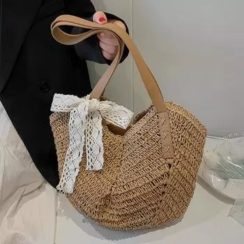 Yogodlns Повседневная соломенная сумка через плечо для женщин Полая тканая пляжная сумка из ротанга 26x1x35cm хаки