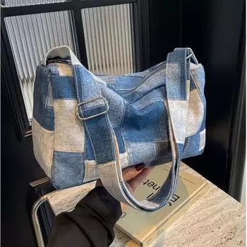 Yogodlns Повседневная сумка через плечо из ткани в клетку из джинсовой ткани, большая вместимость, модная популярная сумка через плечо для женщин, сумки-подушки на молнии
