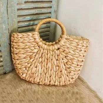Yogodlns Простая соломенная сумка для девочек, летняя пляжная дорожная сумка в форме полумесяца, тканые вручную сумки из ротанга, сумки с круглыми ручками 30*19*7cm хаки