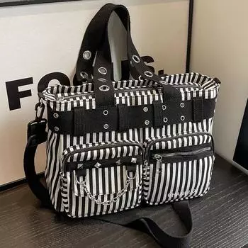 Yogodlns Просторная модная холщовая большая сумка для женщин Прочная с металлическими заклепками Универсальный стиль через плечо и через плечо Идеально подходит для путешествий