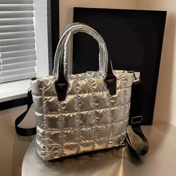 Yogodlns стеганая мягкая сумка-тоут из нейлона, однотонная сумка-саквояж, женская сумка через плечо, женская сумка большой емкости 31x10x24cm бежевый