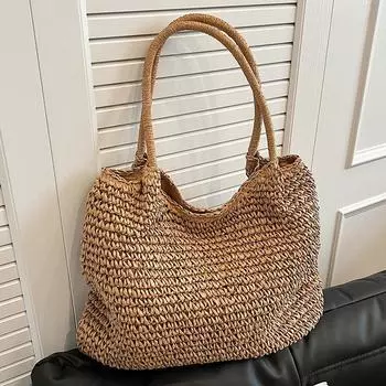 Yogodlns Ретро Вязаная сумка подмышки ручной работы Сумка на плечо Женская пляжная сумка большой вместимости Летняя однотонная соломенная сумка-тоут 40x1x36cm хаки