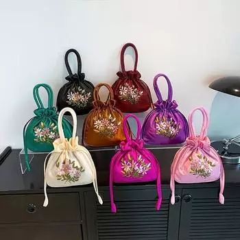 Yogodlns Ретро Вышивка Сумка на шнурке Цветочный узор Сумка-ведро Женская модная сумка Портмоне 19x5.5x21cm бежевый