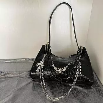 Yogodlns Ретро женская сумка подмышки трендовые готические цепочки с черепом сумки и кошелек женские High Street панк крест женские сумки на плечо 24x7x17cm чёрный