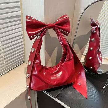 Yogodlns Rivets Bow Y2K Hobos Handbag and Purses for Women Trendy Shoulder Bag with Removable Bow Ladies PU Leather Armpit Bag 27.5x9x14cm чёрный