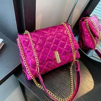 Yogodlns Роскошная стеганая сумка на плечо с лазерным дизайном и шевроном, женская сумка через плечо высокого качества с вышивкой из искусственной кожи 22x8x15cm горячий розовый