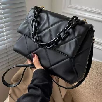 Yogodlns Роскошная сумка через плечо с ромбами для женщин Сумка через плечо из искусственной кожи с цепочками Дизайнерская сумка-мессенджер с клапаном Маленькая квадратная сумка 27.5*9*17.5cm чёрный