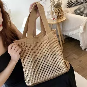 Yogodlns Шерстяная вязаная сумка большой вместимости Сумка для покупок на плечо для женщин из хлопчатобумажной ткани Сумка-тоут для девочек Женская сумка Вязаная крючком сумка 35x33cm бежевый