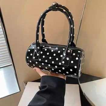 Yogodlns Шикарная стильная сумка-мессенджер из искусственной кожи с черно-белым горошком, универсальная сумка-мессенджер для женщин, плетеная ручка, застежка-молния 21x10x10cm чёрный