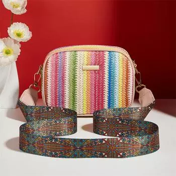 Yogodlns Широкий ремень на плечо Цветная соломенная сумка Радужная сумка через плечо Тканая сумка для фотоаппарата Сумки Портативная сумка на плечо Женская косметичка